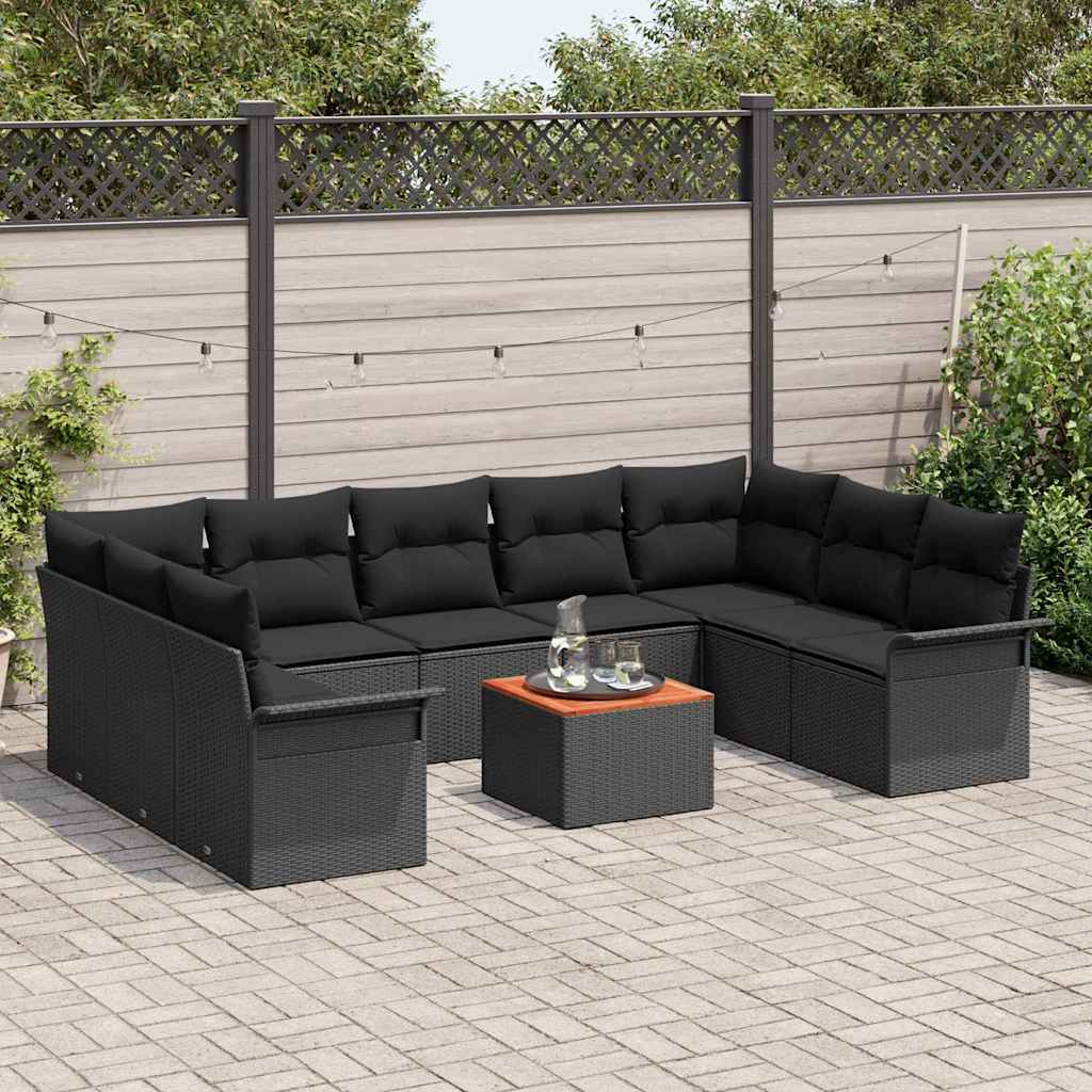 Garden Sofa Set with Cushion 10 pcs Black Poly Rattan