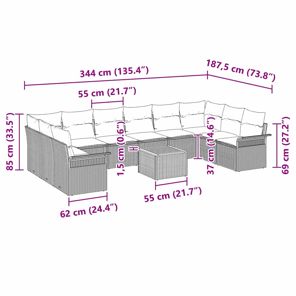 Garden Sofa Set with Cushion 11 pcs Grey Poly Rattan