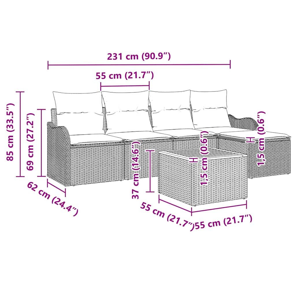 Garden Sofa Set with Cushion 6 pcs Black Poly Rattan