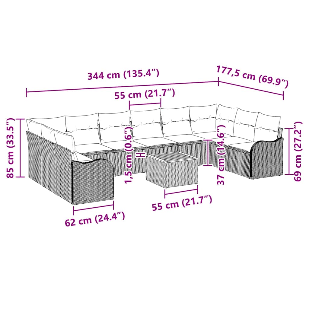 Garden Sofa Set with Cushion 11 pcs Black Poly Rattan
