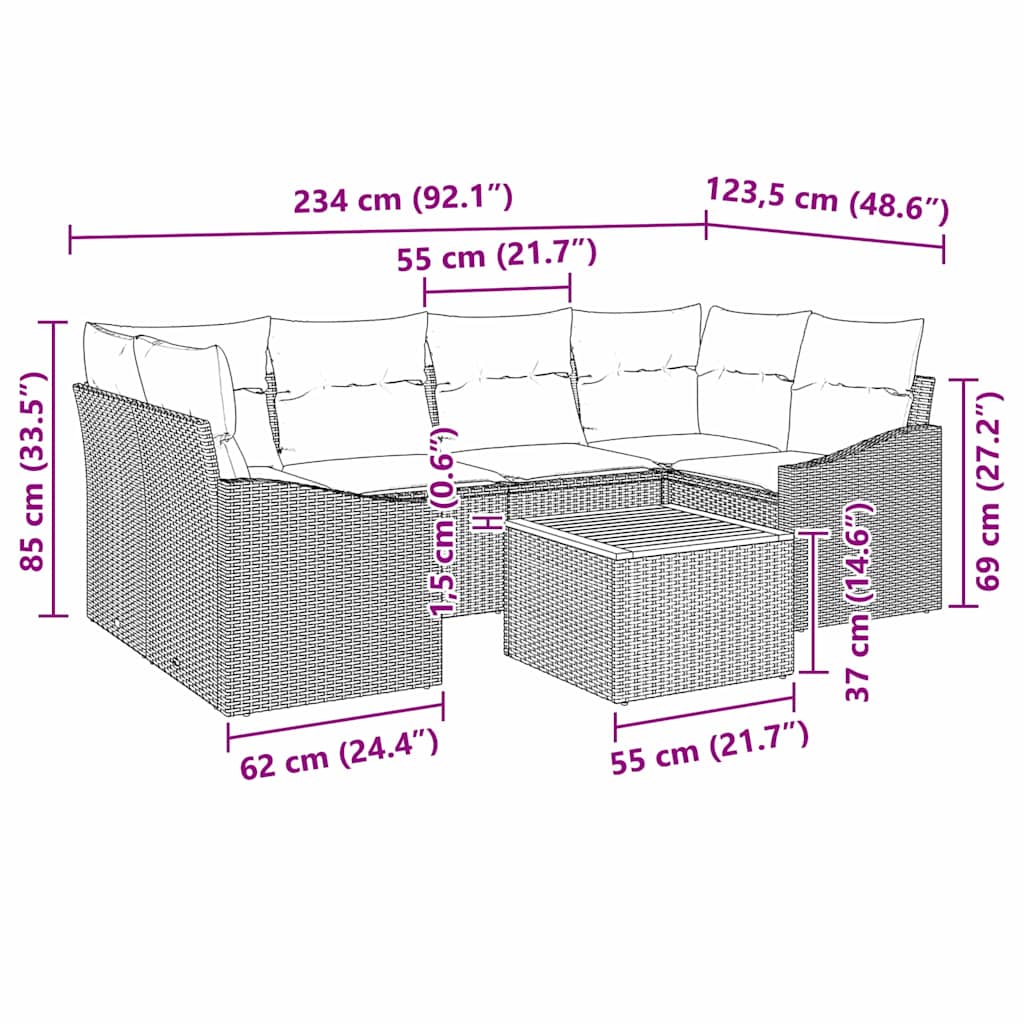 Garden Sofa Set with Cushion 7 pcs Grey Poly Rattan