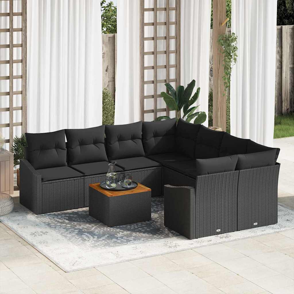 Garden Sofa Set with Cushion 9 pcs Black Poly rattan