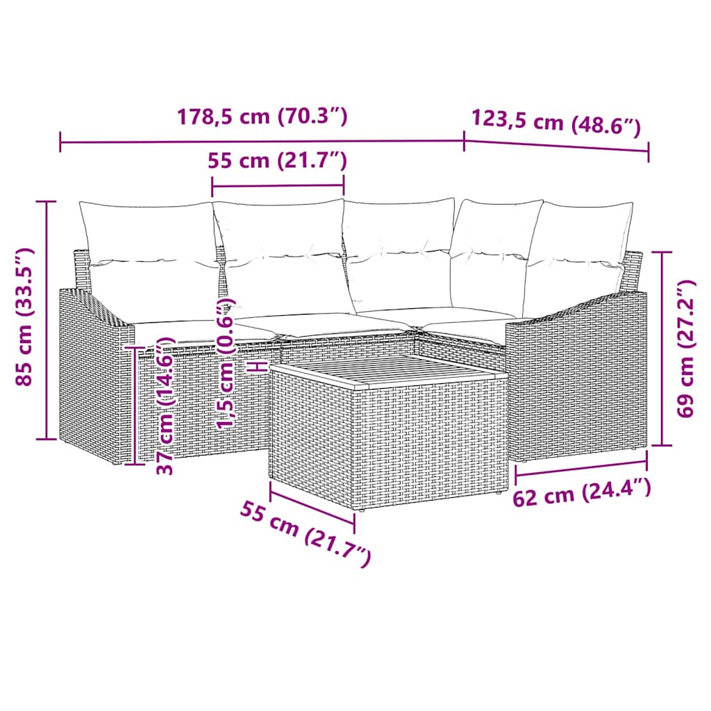Garden Sofa Set with Cushion 5 pcs Black Poly Rattan