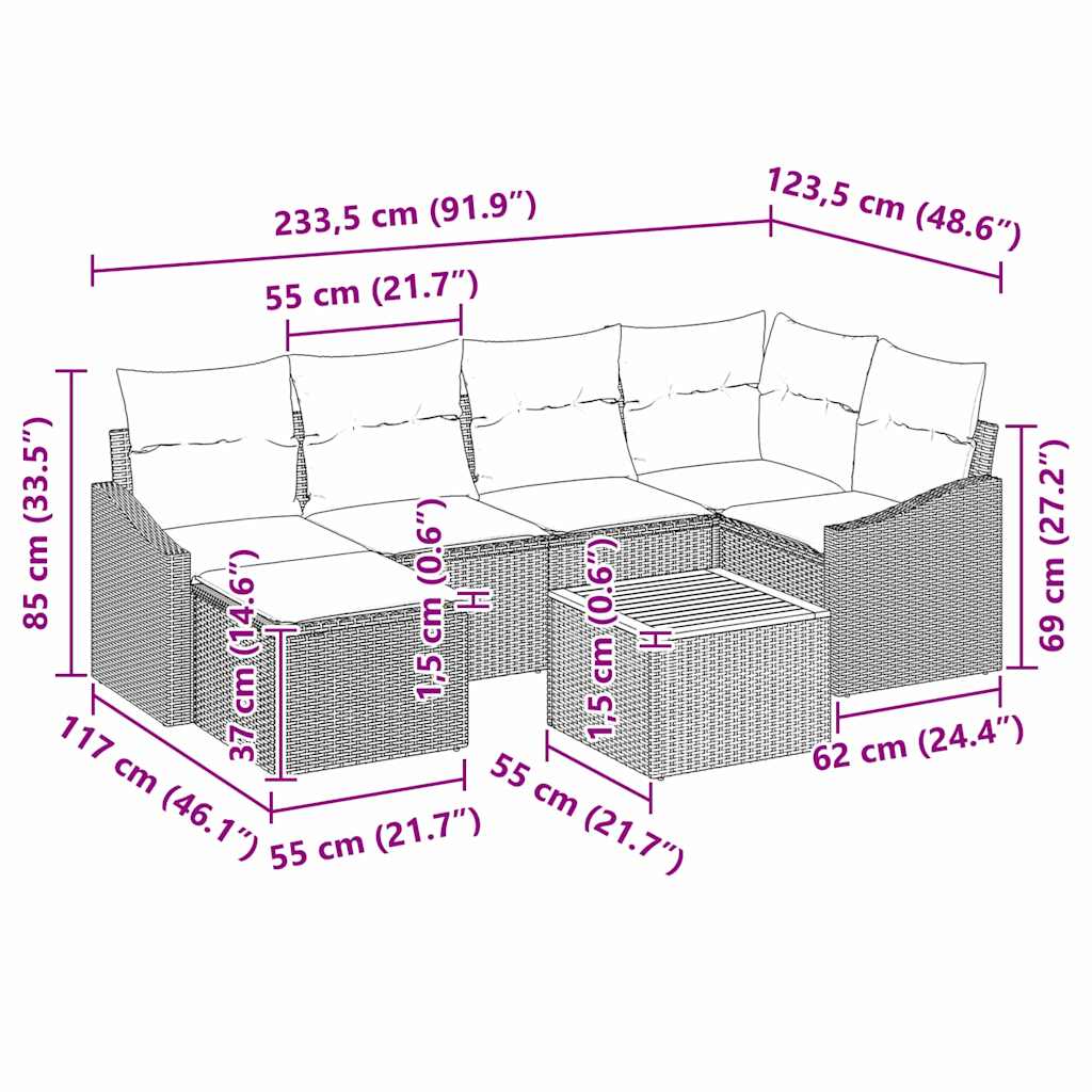 Garden Sofa Set with Cushion 7 pcs Grey Poly Rattan