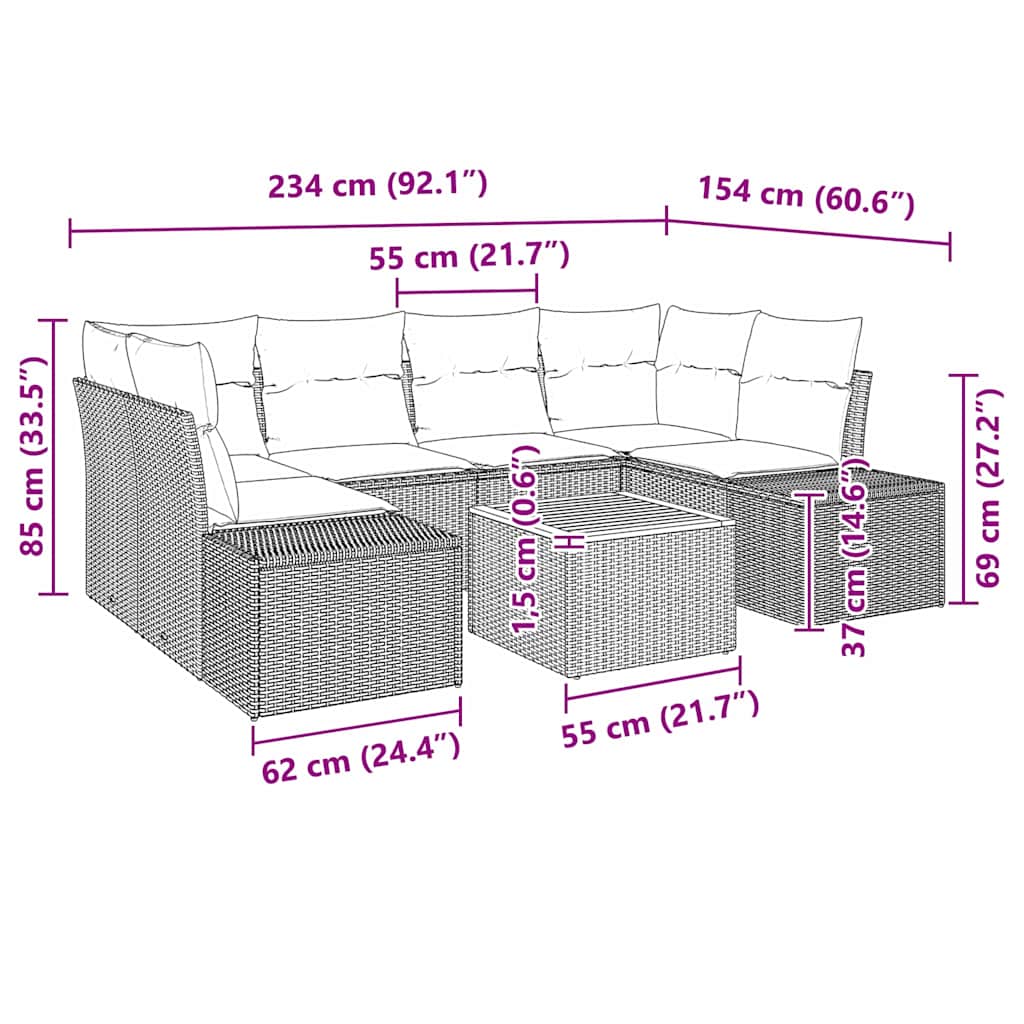 Garden Sofa Set with Cushion 7 pcs Black Poly Rattan