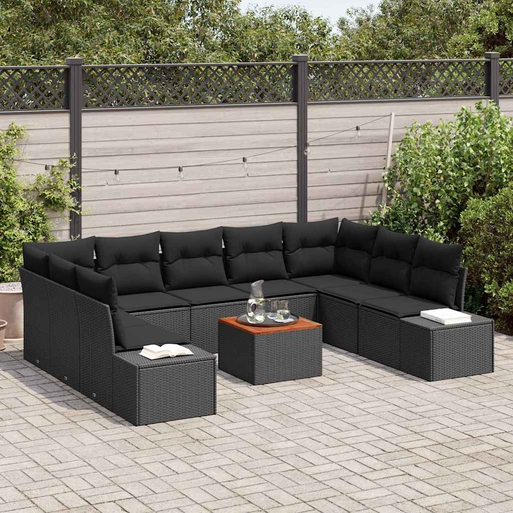 Garden Sofa Set with Cushion 10 pcs Black Poly Rattan