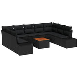 Garden Sofa Set with Cushion 10 pcs Black Poly Rattan - Front View
