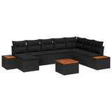 Garden Sofa Set with Cushion 9 pcs Black Poly Rattan - Front View