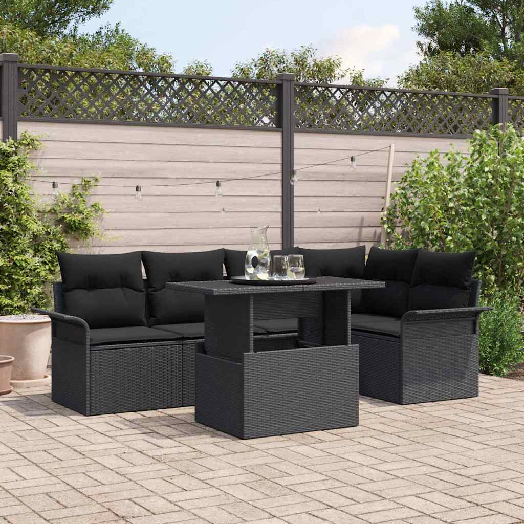 Garden Sofa Set with Cushion 6 pcs Black Poly Rattan