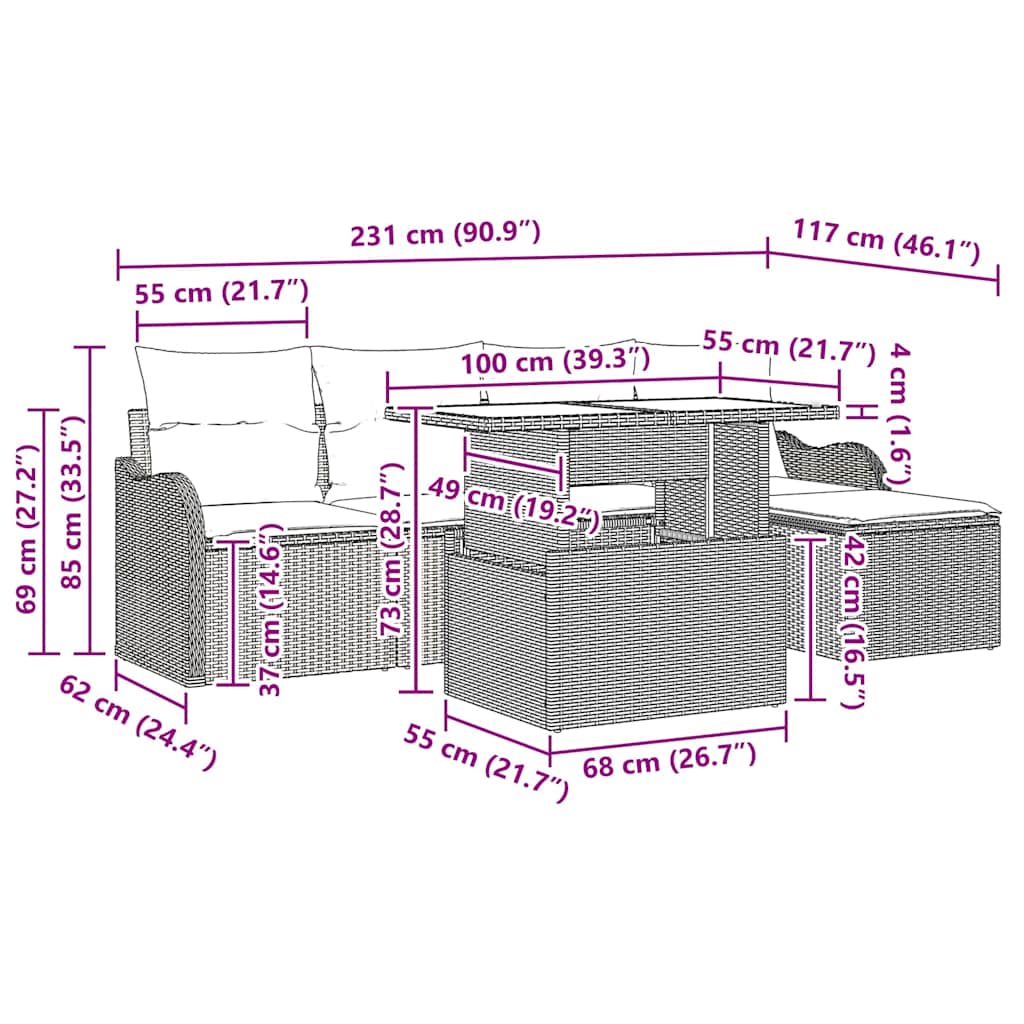 Outdoor Seating Set with Cushion 6 pcs Grey Poly rattan