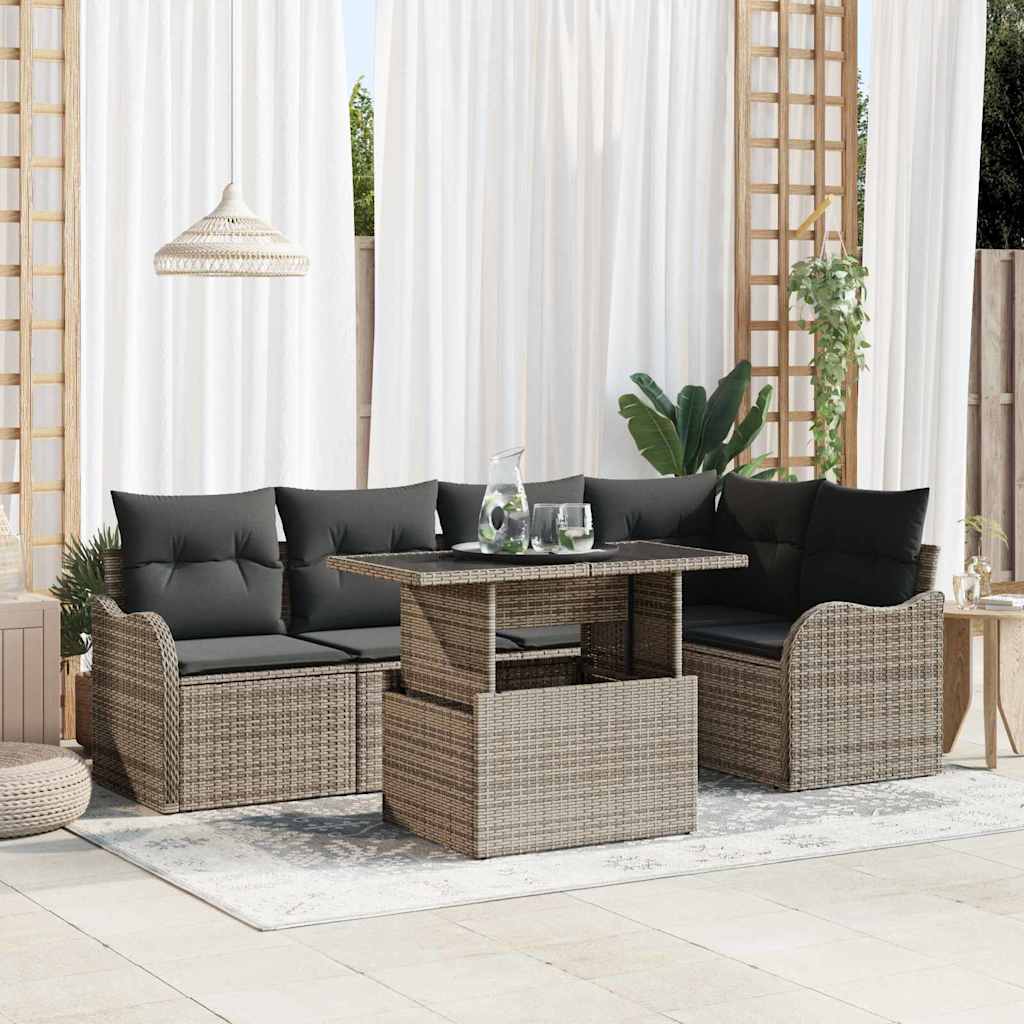Dining Set with Cushion 6 pcs Grey Poly rattan