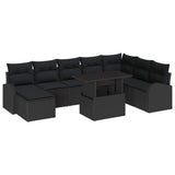 Garden Sofa Set 9 pcs Black Poly rattan, powder-coated steel - Front View