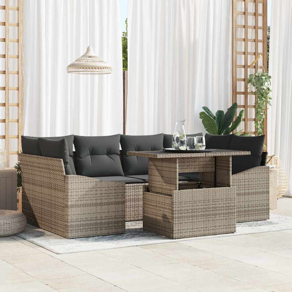 Garden Sofa Set with Storage with Pillow 7 pcs Grey Poly Rattan