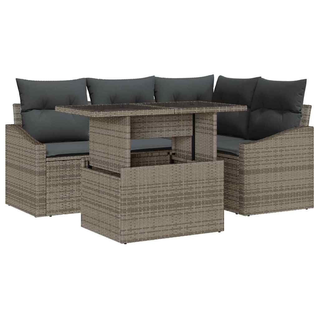 Garden Sofa Set with Cushion 5 pcs Grey Poly Rattan