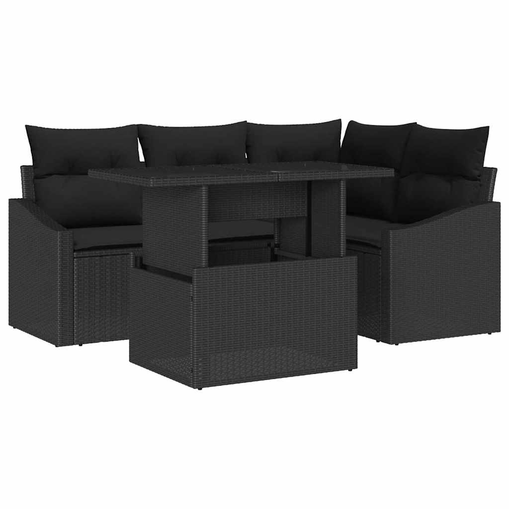 Garden Sofa Set with Cushion 5 pcs Black Poly Rattan
