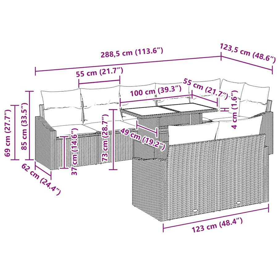 Garden Sofa Set 9 pcs Grey 55 x 55 x 37 cm Poly Rattan