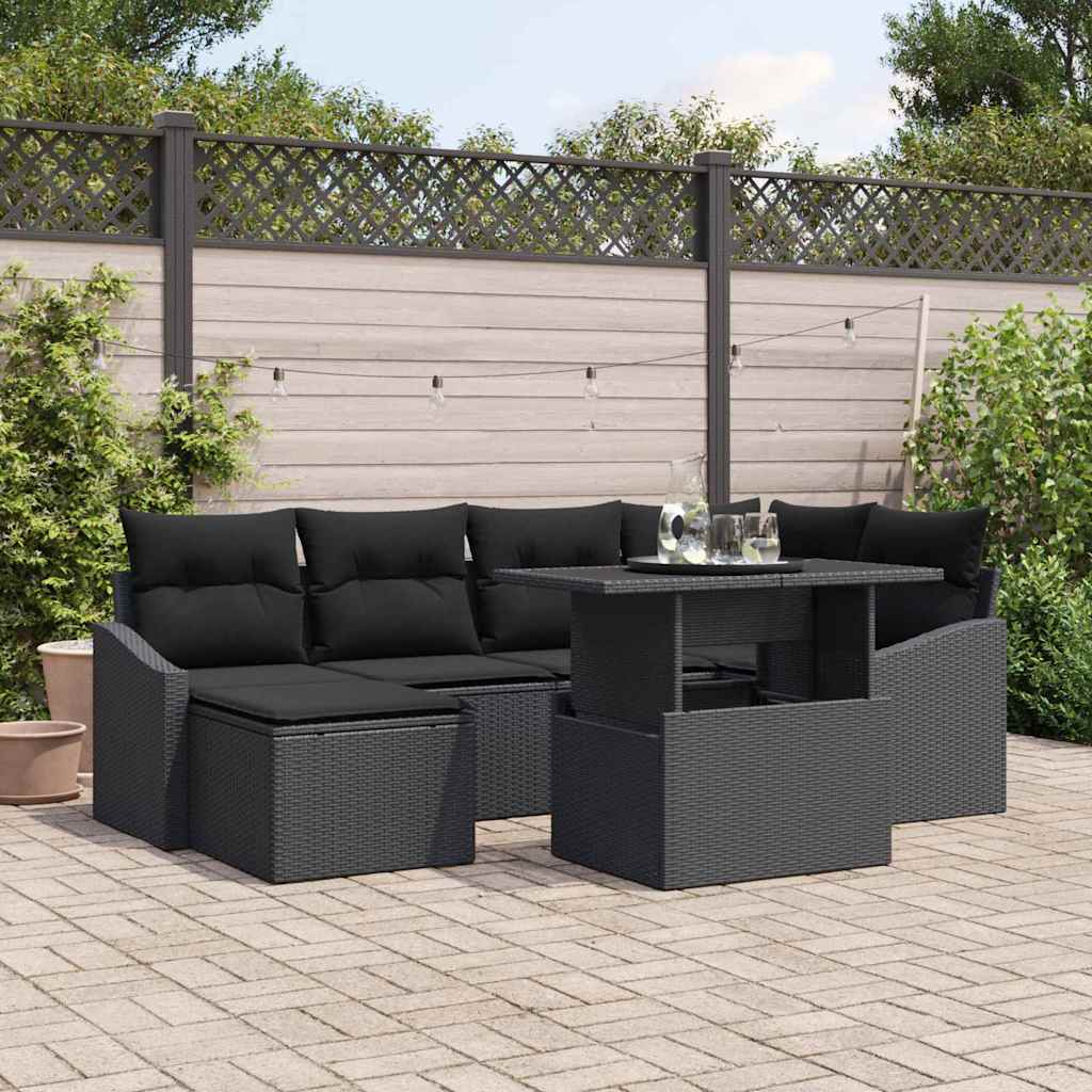 Garden Sofa Set 7 pcs Black Poly rattan and powder-coated steel