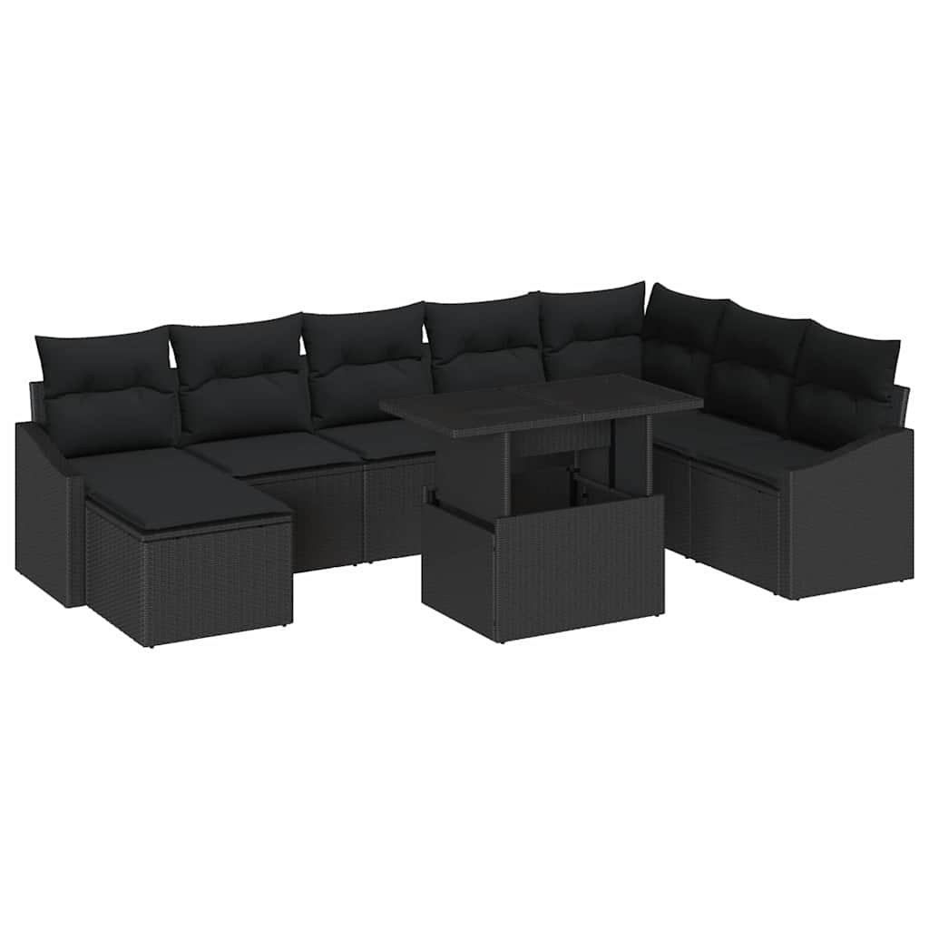Sofa Set with Cushion with Storage 9 pcs Black Poly Rattan