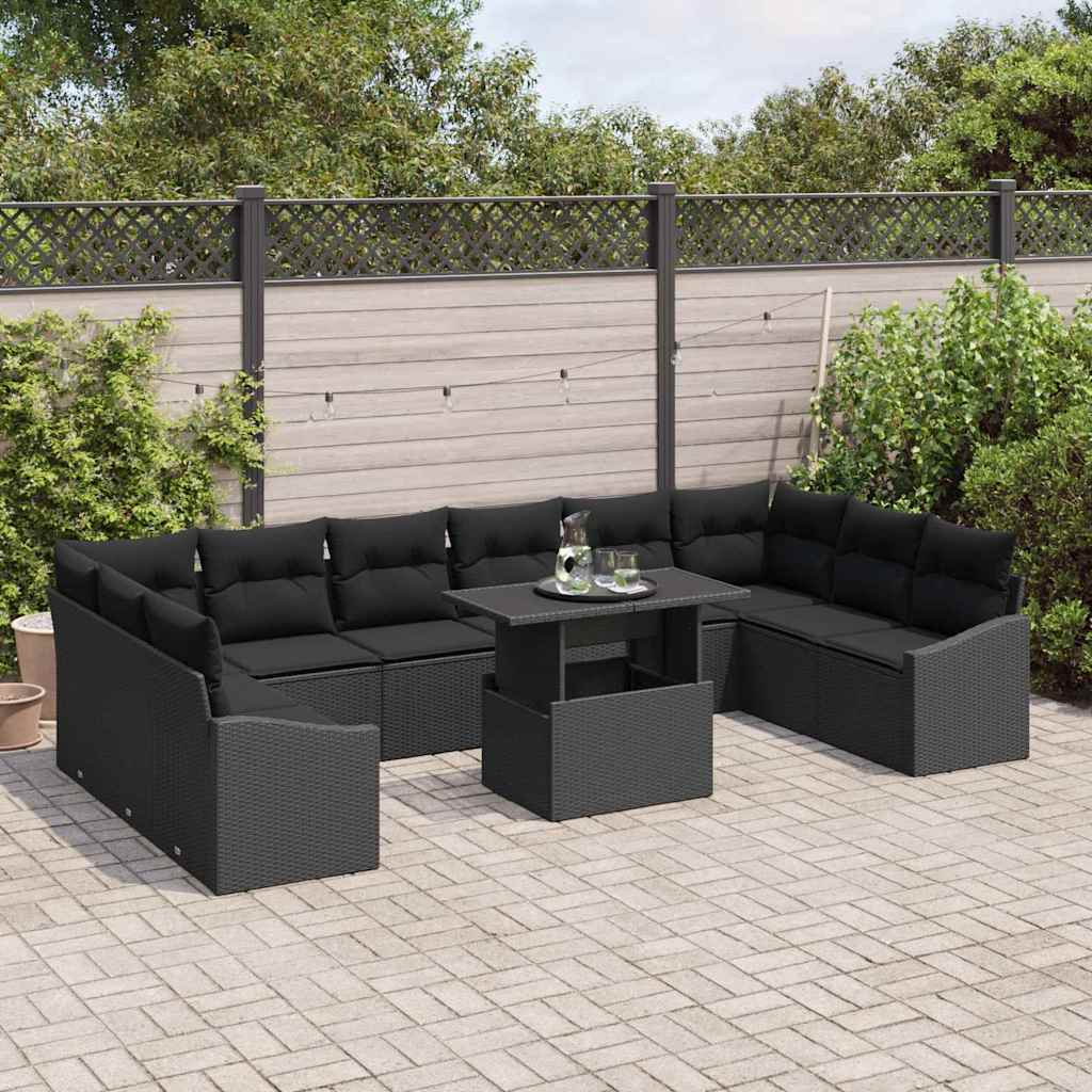 Sofa Set with Cushion Manual 11 pcs Black Poly Rattan