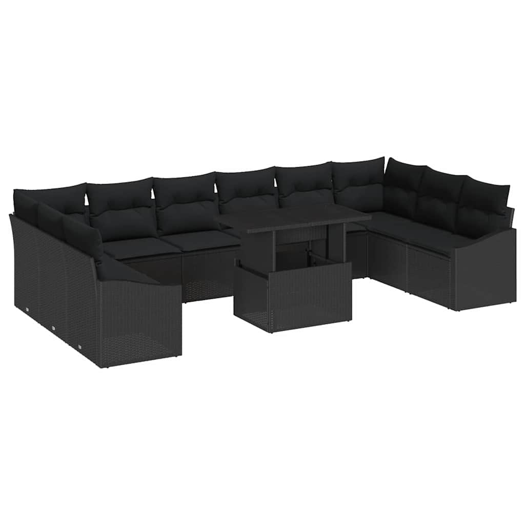 Sofa Set with Cushion Manual 11 pcs Black Poly Rattan