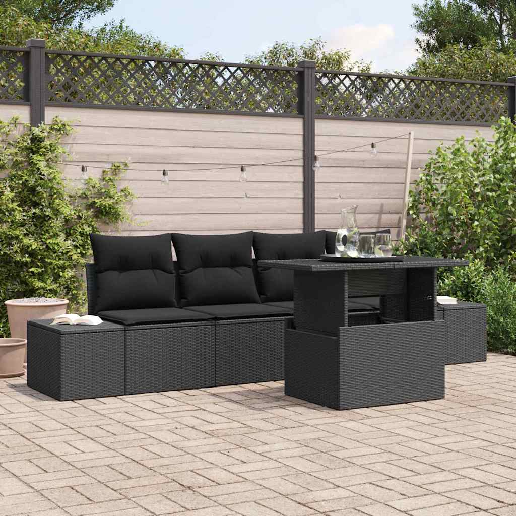Sofa Set with Cushion Height Adjustable 5 pcs Black Poly Rattan