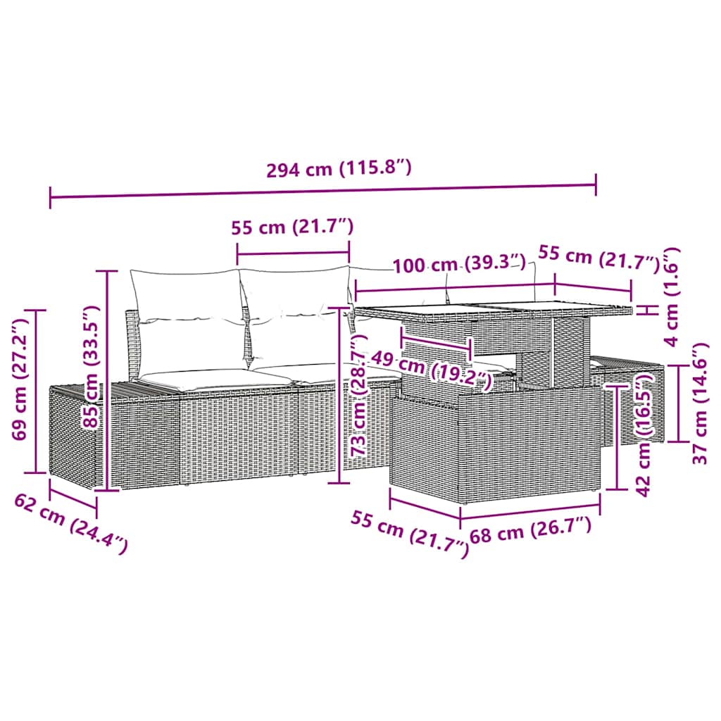 Sofa Set with Cushion Height Adjustable 5 pcs Black Poly Rattan