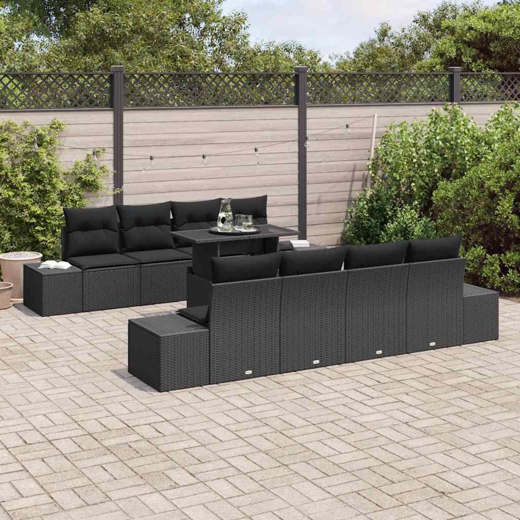 Garden Sofa Set with Cushion 9 pcs Black Poly Rattan