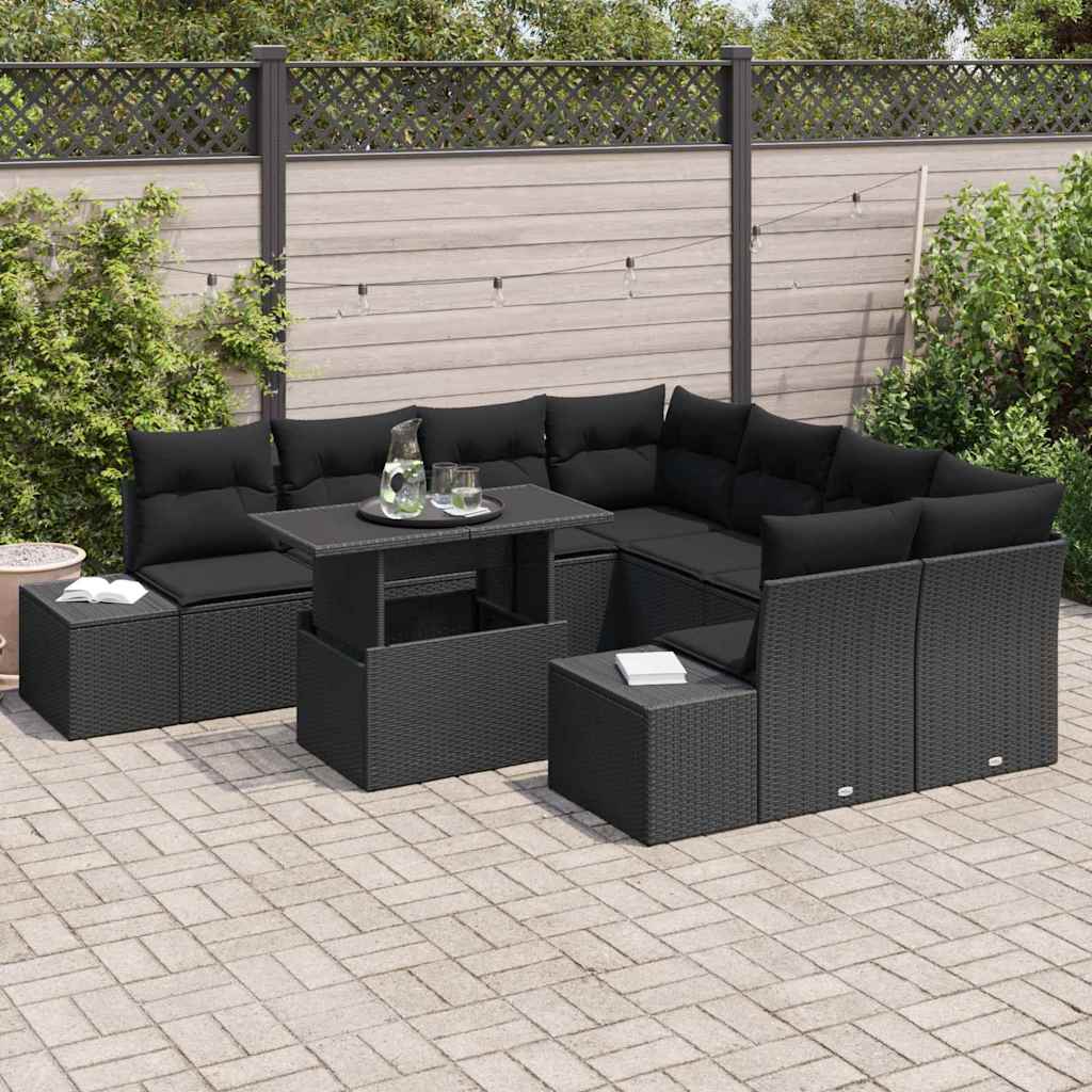 Garden Sofa Set with Cushion 9 pcs Black Poly Rattan