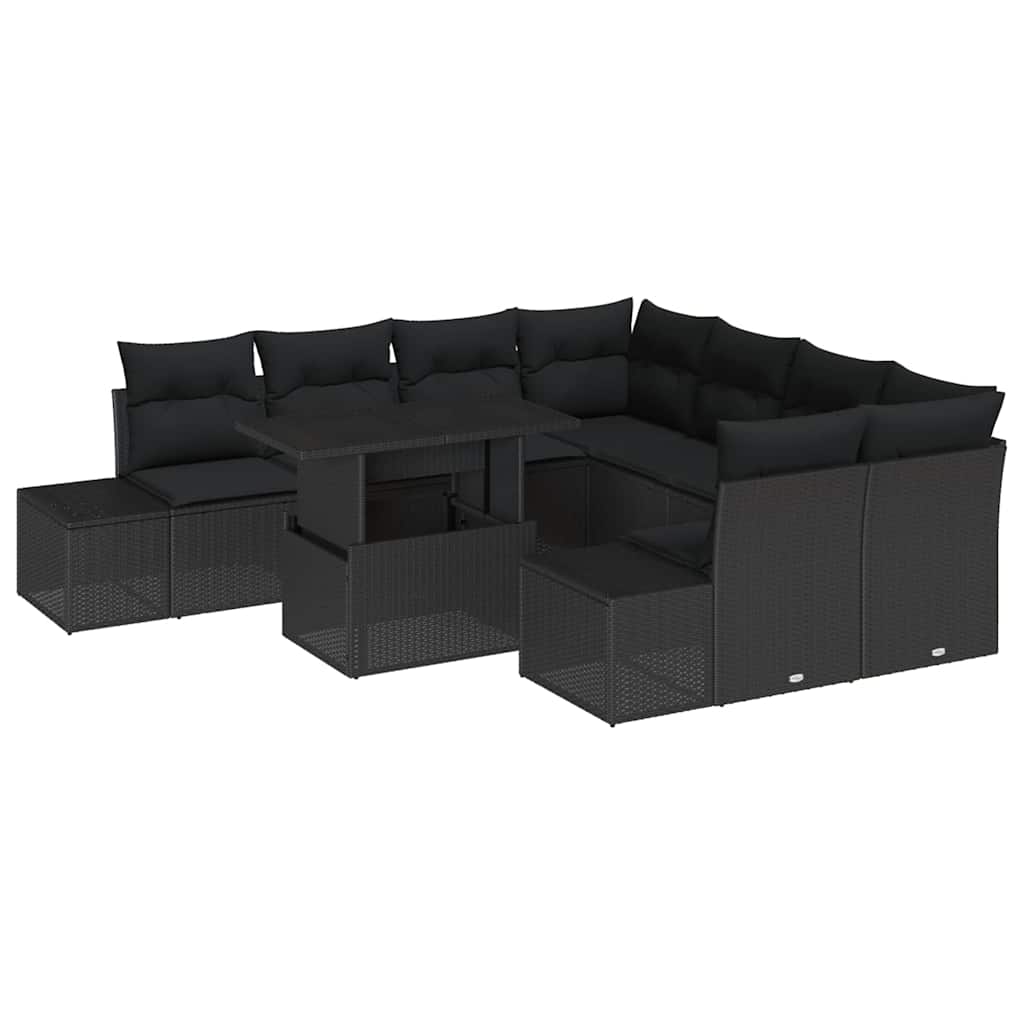 Garden Sofa Set with Cushion 9 pcs Black Poly Rattan