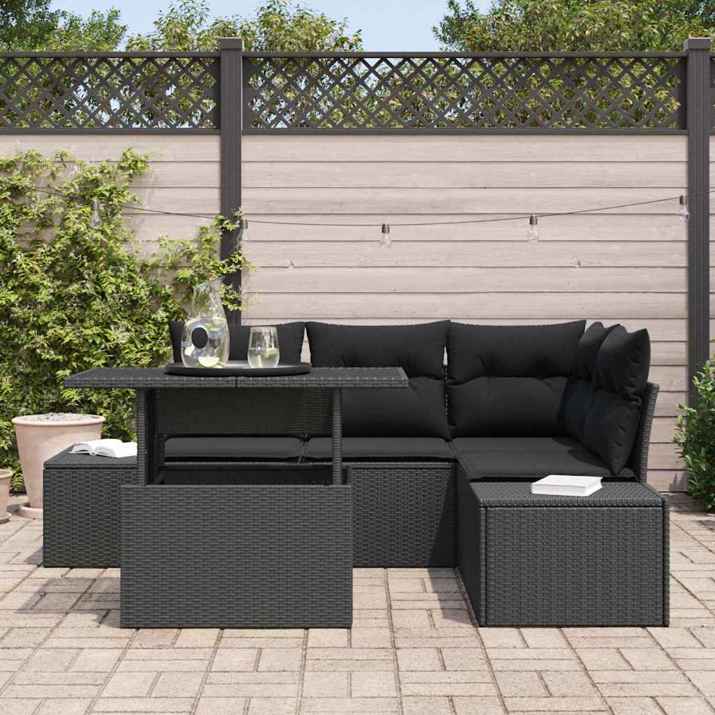 Garden Sofa Set with Cushion 5 pcs Black Poly Rattan