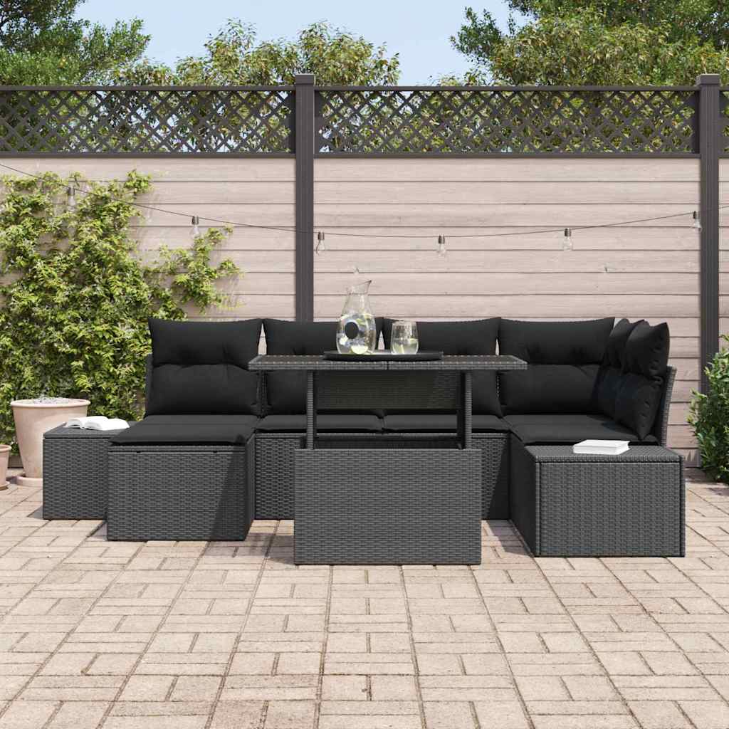 Garden Sofa Set 7 pcs Black Poly rattan, powder-coated steel