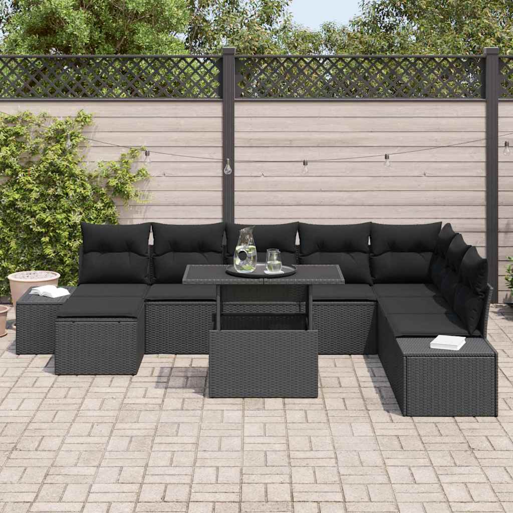 Garden Sofa Set 9 pcs Black Poly rattan and powder-coated steel