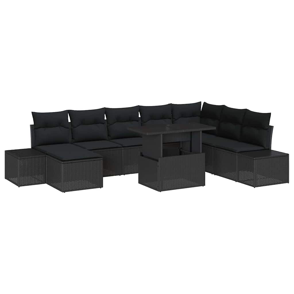 Garden Sofa Set with Cushion 9 pcs Black Poly Rattan