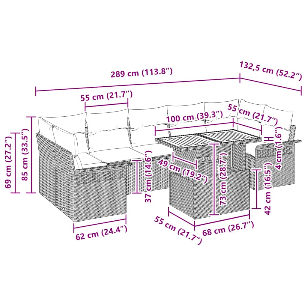 Garden Sofa Set with Cushion Manual 8 pcs Grey 100 x 55 x 73 cm