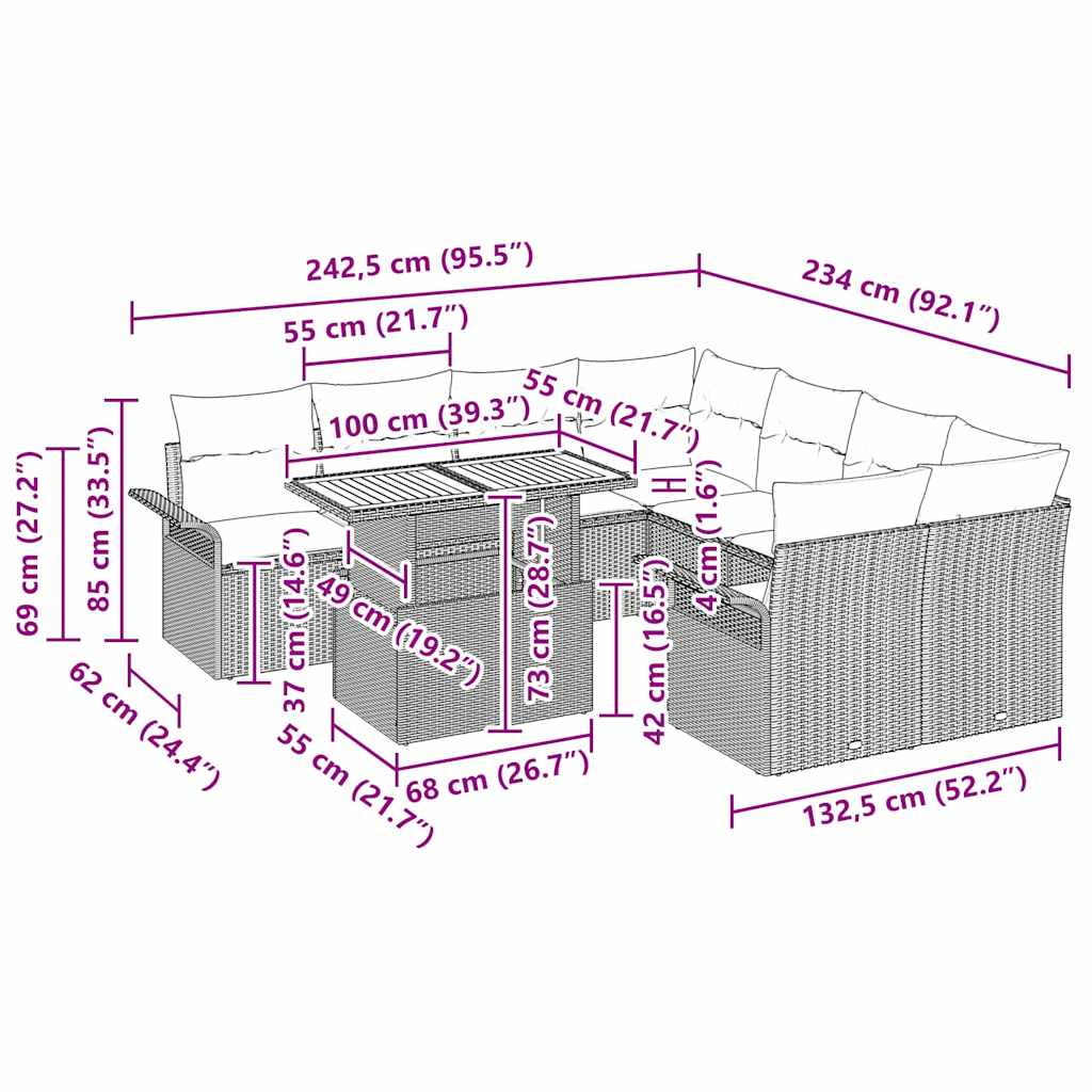 Garden Sofa Set with Cushion Manual 9 pcs Grey