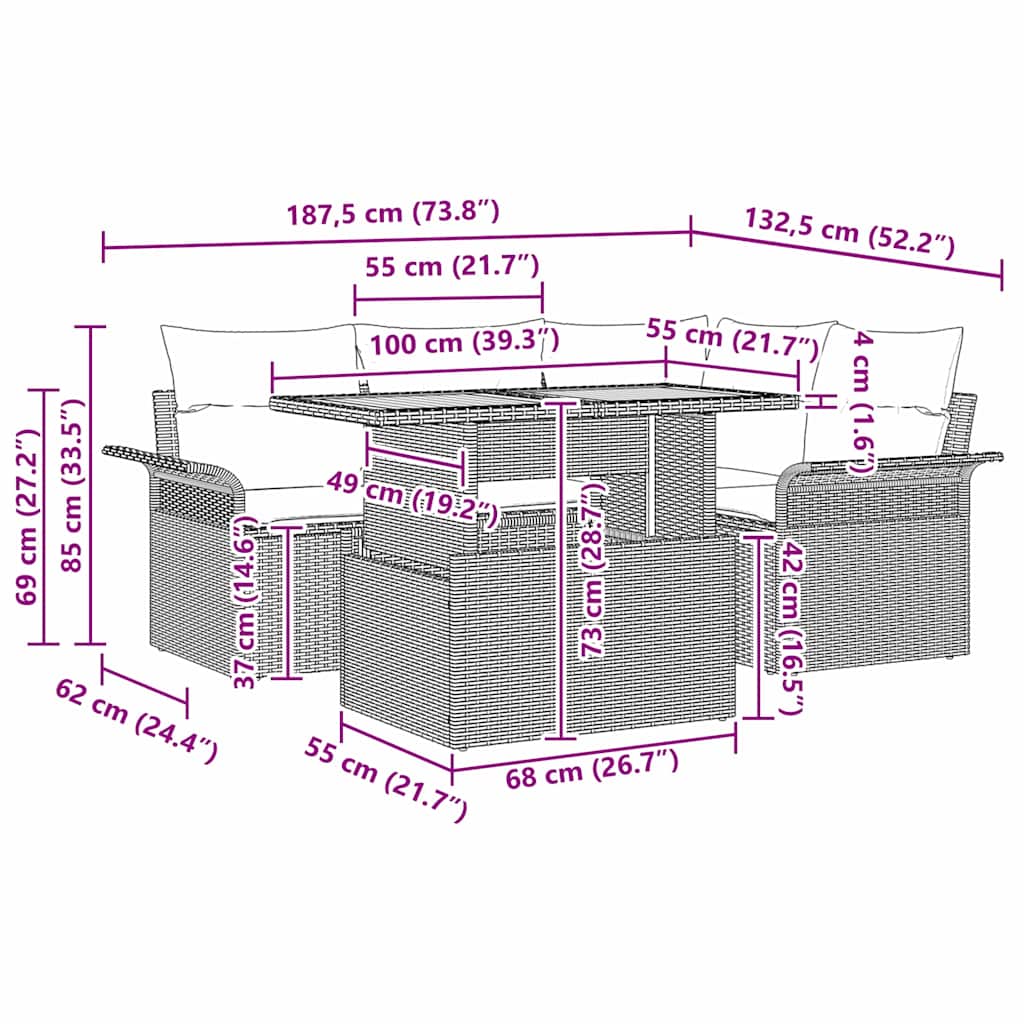 Garden Sofa Set with Cushion 5 pcs Black 100 x 55 x 73 cm