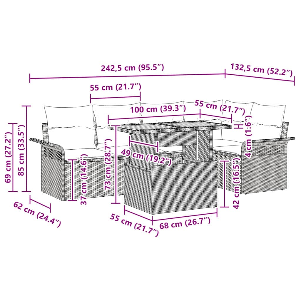 Garden Sofa Set with Cushion Manual 6 pcs Grey 100 x 55 x 73 cm