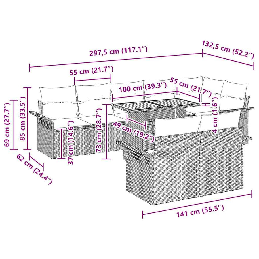 Garden Sofa Set 9 pcs Grey 100 x 55 x 73 cm Poly Rattan