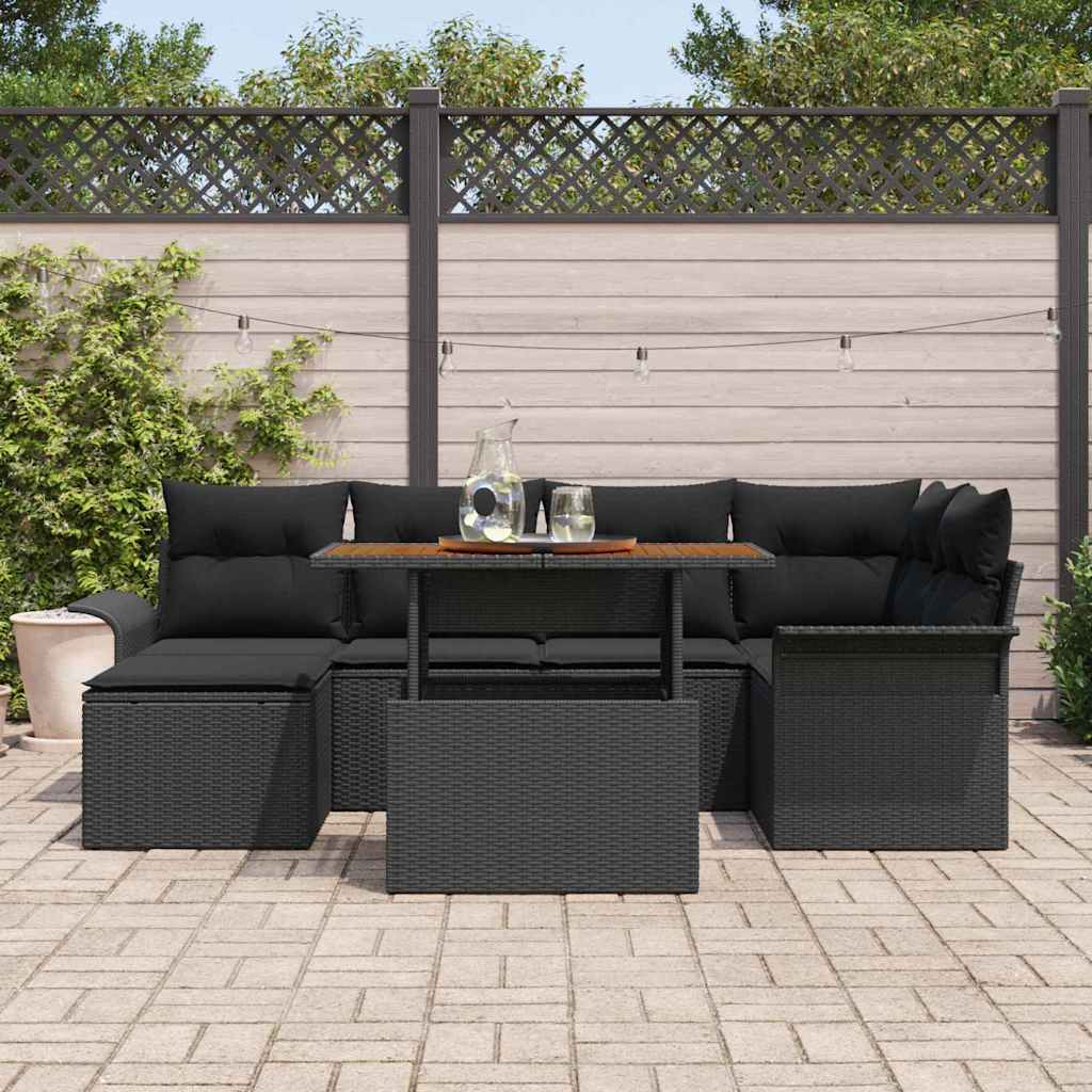 Garden Sofa Set with Cushion 7 pcs Black Poly Rattan