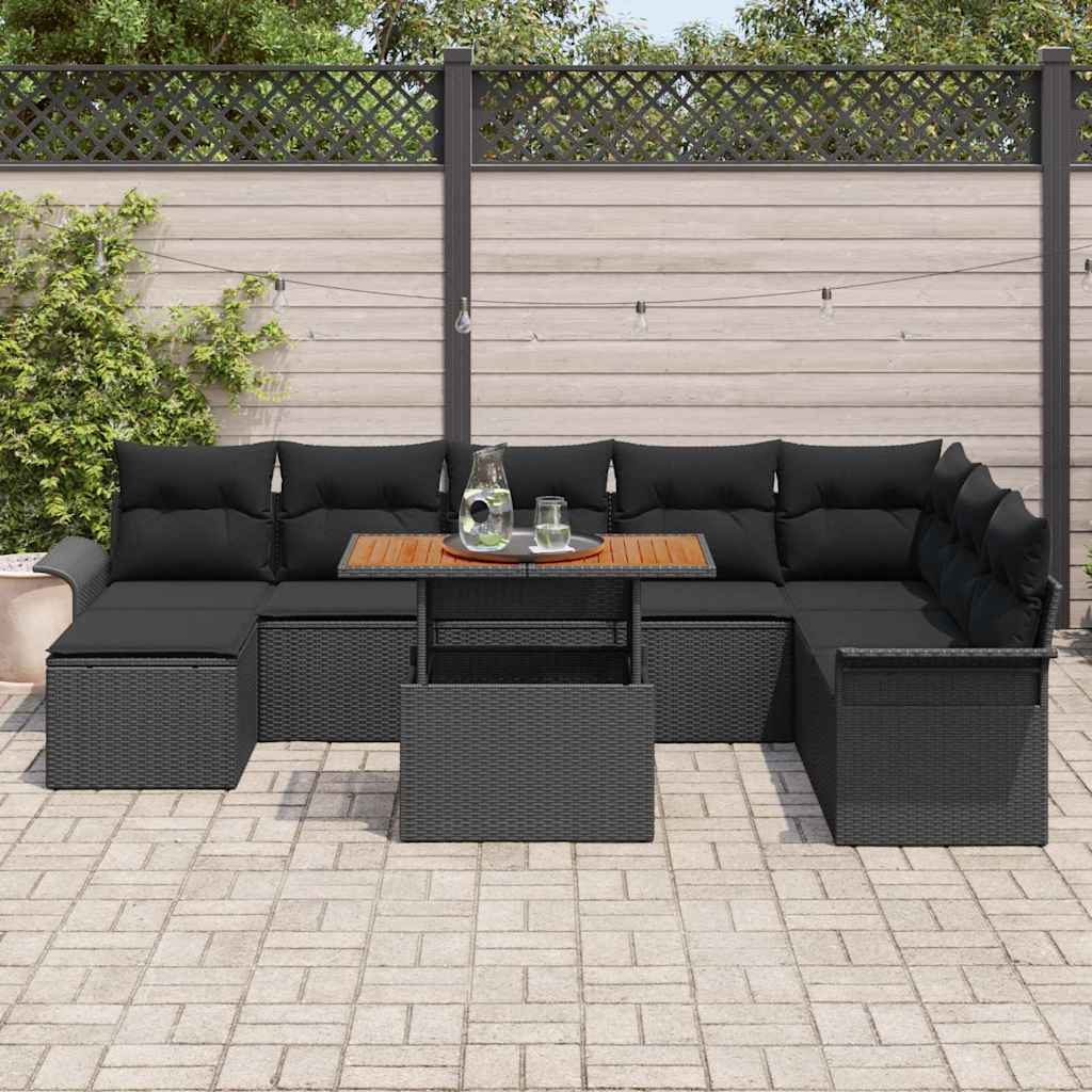 Garden Sofa Set 9 pcs Black Poly rattan, powder-coated steel