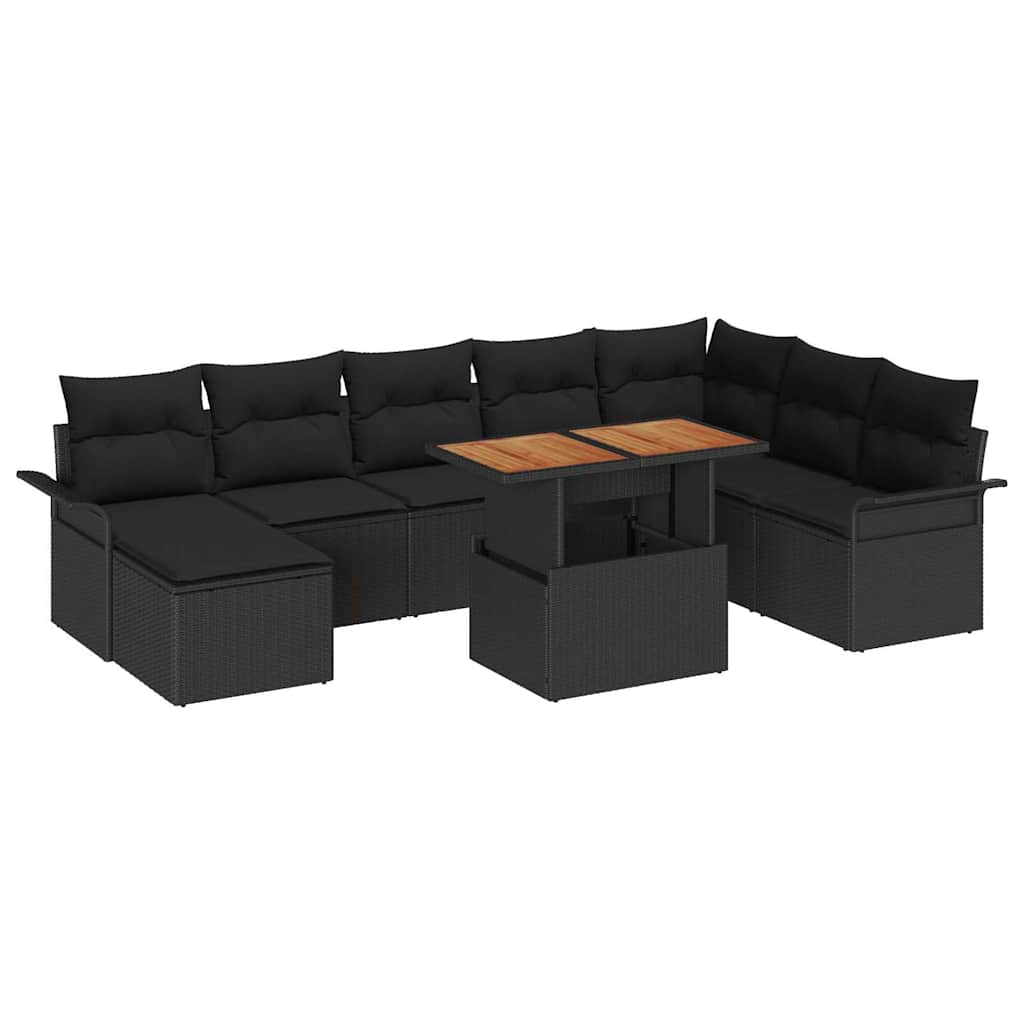 Garden Sofa Set 9 pcs Black Poly rattan, powder-coated steel