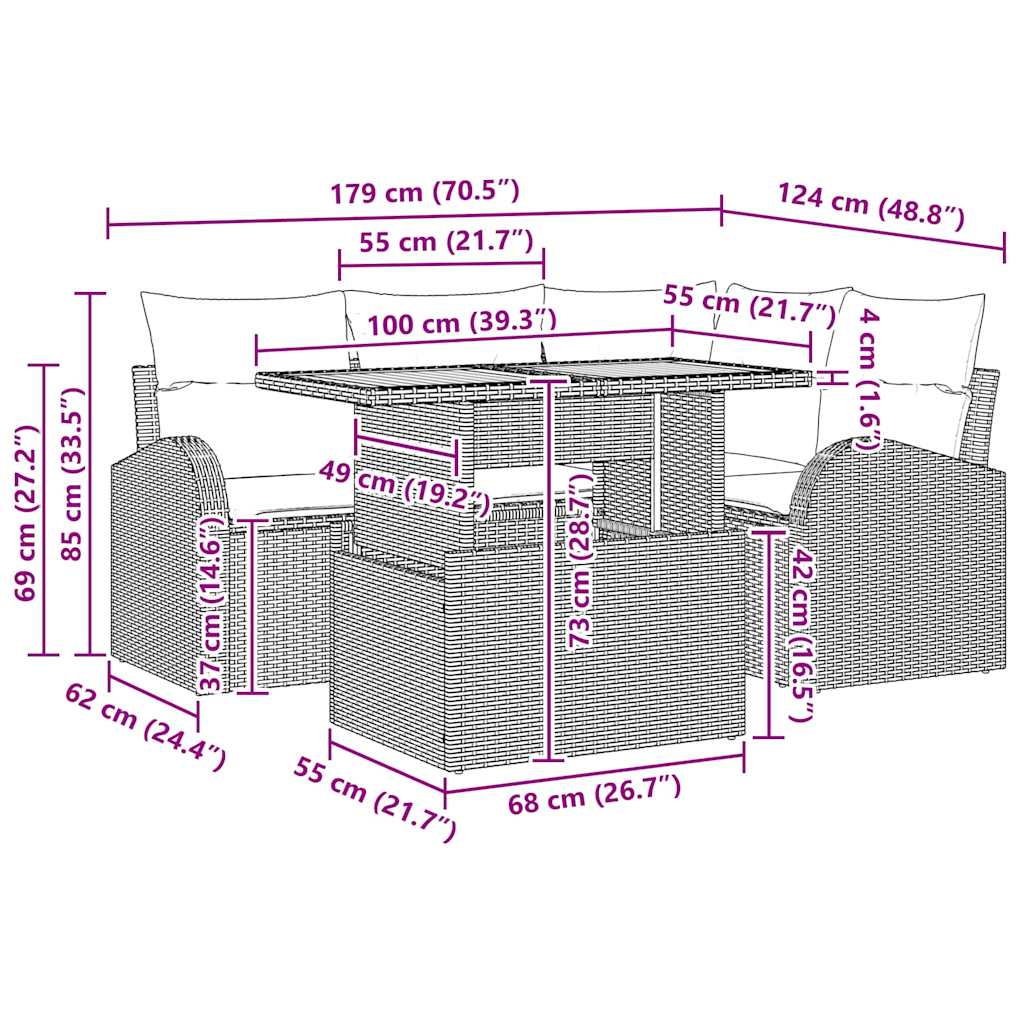 Garden Sofa Set with Cushion 5 pcs Black 100 x 55 x 73 cm