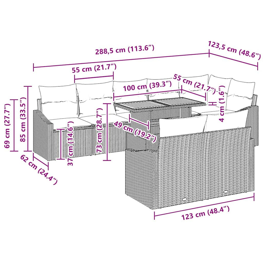 Garden Sofa Set 9 pcs Grey 100 x 55 x 73 cm