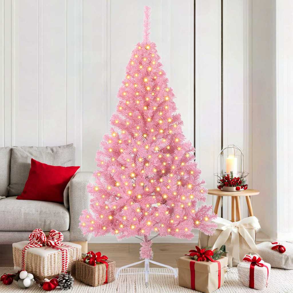 Artificial Pre-lit Christmas Tree with 300 LEDs Pink 180 cm PVC