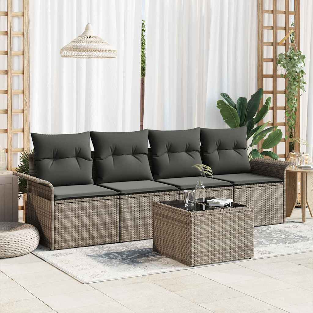 Garden Sofa Set with Cushion 5 pcs Grey Poly Rattan