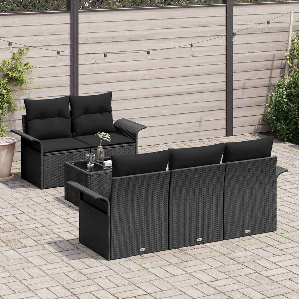 Garden Sofa Set 6 pcs Black Poly Rattan, Steel and Glass