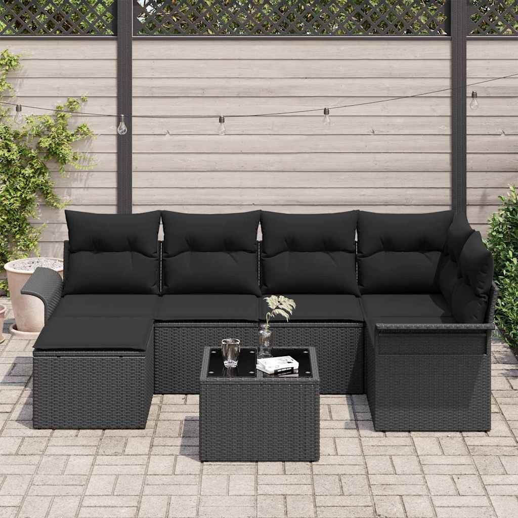 Garden Sofa Set with Storage 7 pcs Black Poly Rattan