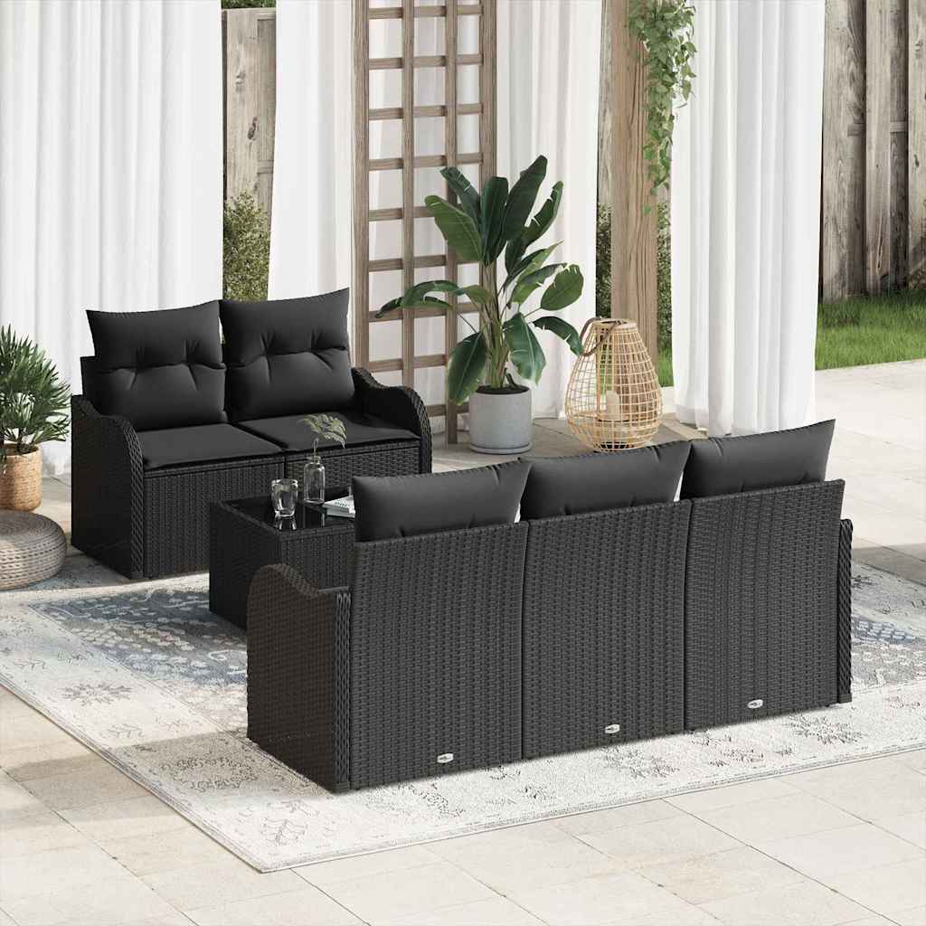 Garden Sofa Set Manual 6 pcs Black Poly Rattan, Steel and Glass