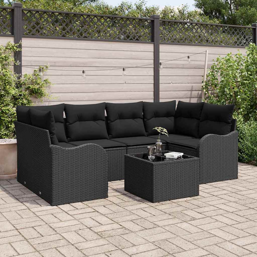 Garden Sofa Set 7 pcs Black Poly Rattan, Steel and Glass