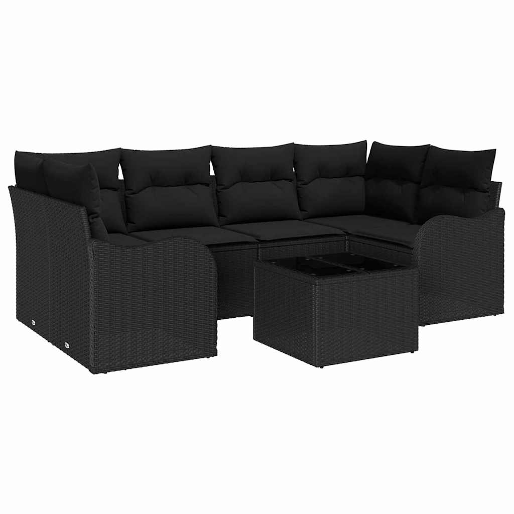 Garden Sofa Set 7 pcs Black Poly Rattan, Steel and Glass